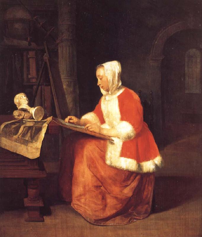 Gabriel Metsu A Young Woman Seated Drawing Sweden oil painting art